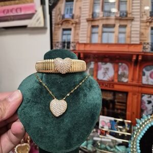 Gold Heart Bangle and Necklace Set